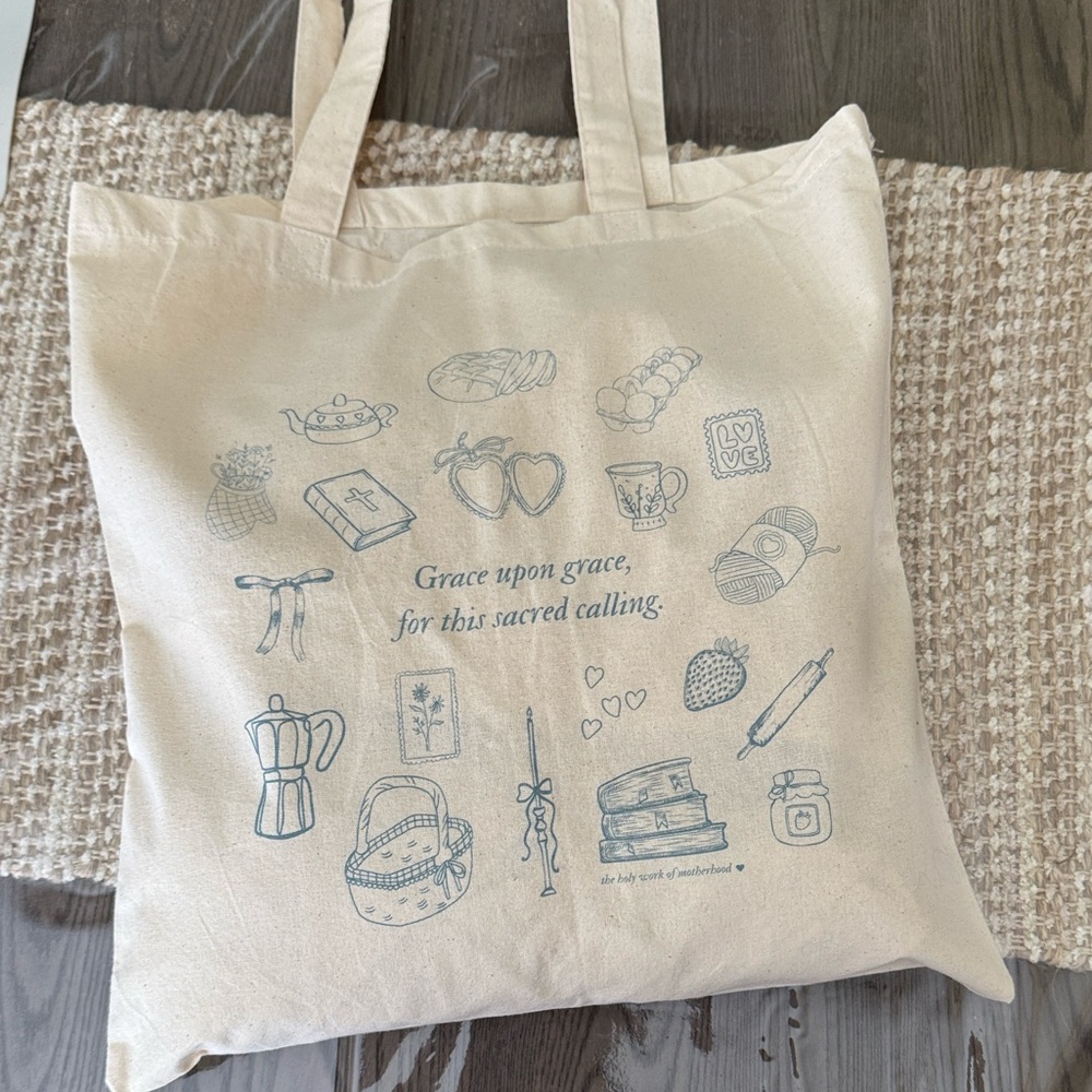 “Grace upon grace for this sacred calling” Canvas Cottage core Tote Bag for Moms - Picture 3 of 6